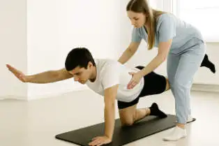 Fysiotherapeut begeleidt patiënt tijdens oefentherapie bij Melius Pijnzorg.