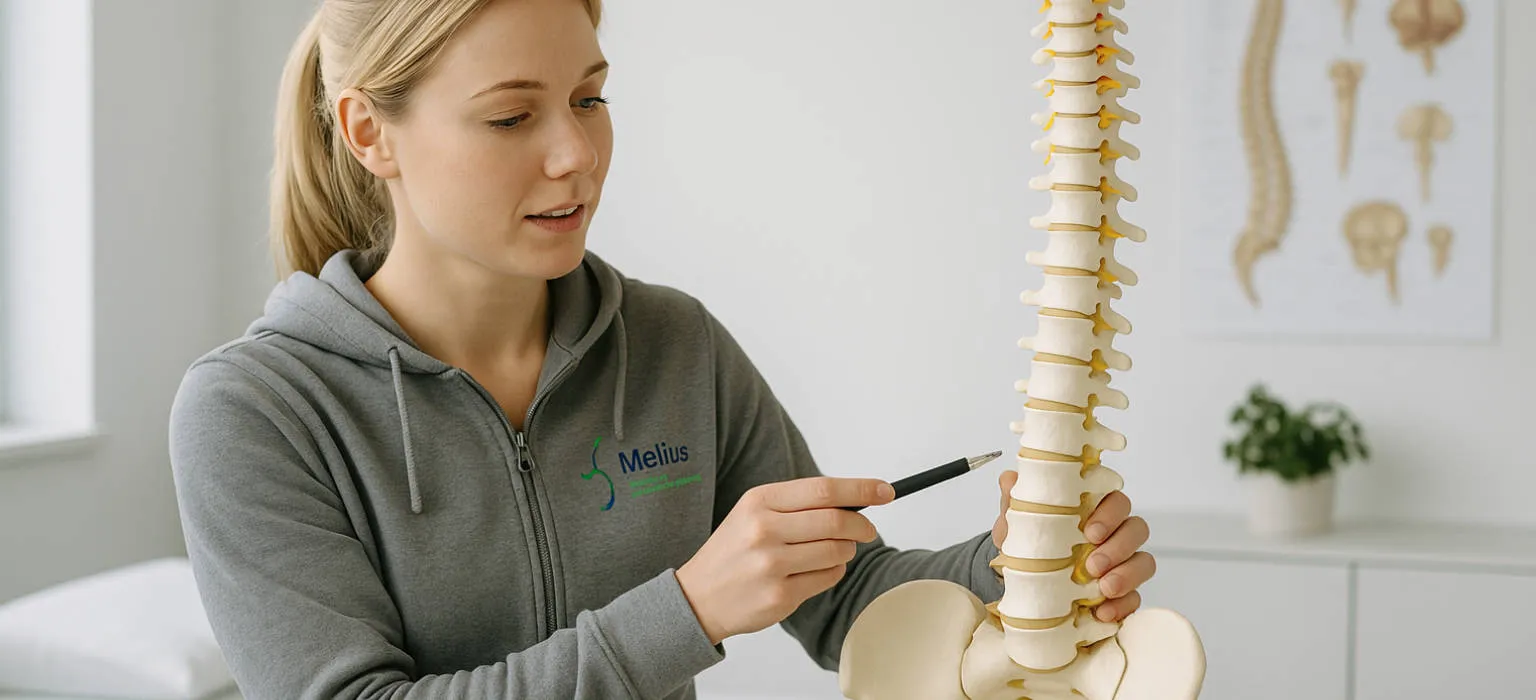 Fysiotherapeut wijst in medische setting op wervelkolom-model bij uitleg oorzaken rugpijn
