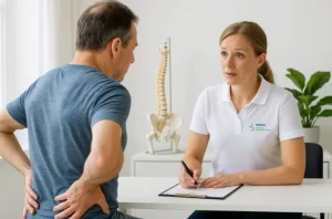 Fysiotherapeut in gesprek met patiënt over aanhoudende rugpijn in de ochtend