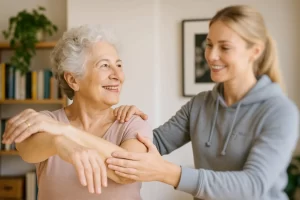 Fysiotherapie schouderoefening aan huis met therapeute