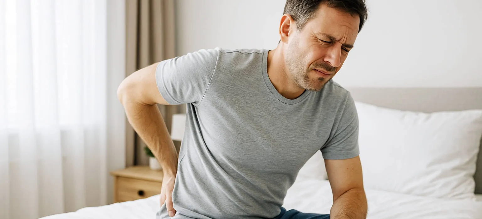 Man met rugpijn die ’s ochtends moeizaam rechtop gaat zitten op bed