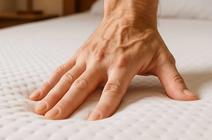 Close-up van hand die stevigheid van matras test als oorzaak van rugpijn in de ochtend