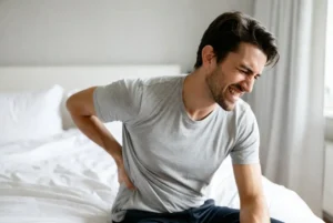 Man met lage rugpijn zit op de rand van zijn bed in de ochtend