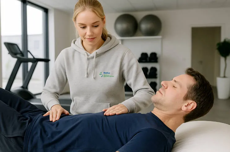 Fysiotherapeut begeleidt patiënt bij lichte rugoefening in moderne praktijkruimte