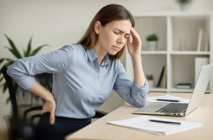 Persoon achter bureau met gespannen houding en hand in onderrug door stress en spanning