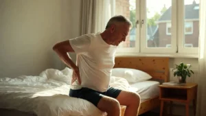 Man die in de ochtend met pijn in de onderrug wakker wordt en steun zoekt voor rugpijn