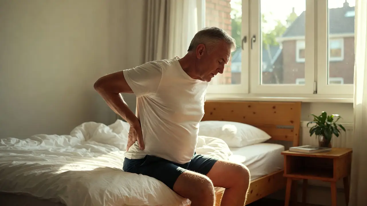 Man die in de ochtend met pijn in de onderrug wakker wordt en steun zoekt voor rugpijn
