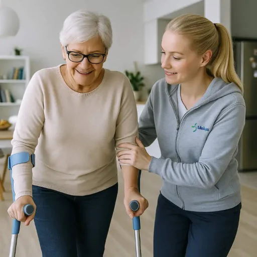 Fysiotherapeut van Melius Pijnzorg begeleidt patiënt met krukken tijdens fysiotherapie aan huis in Bergen op Zoom