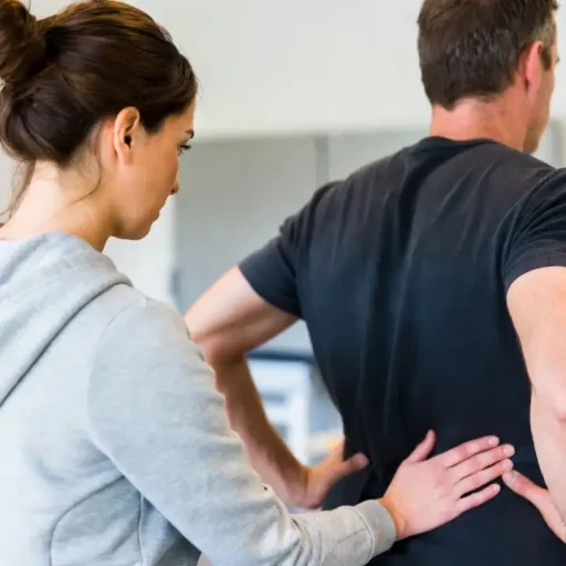 Fysiotherapeut onderzoekt en behandelt lage rugklachten bij patiënt in praktijk Breda-Noord